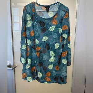 Ali Miles tunic top teal multicolored leaves 3/4 length sleeves button accent XL